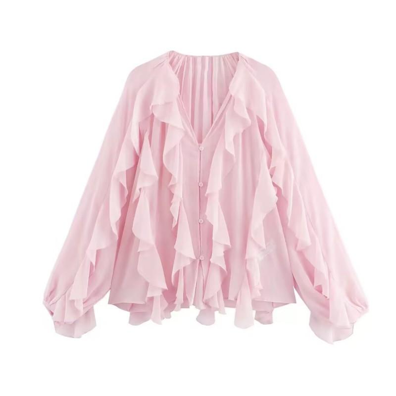 Womens V-Neck Layered Ruffle Pleated Blouse Loose Fit Street Style Long Sleeve Shirt In Solid Colors
