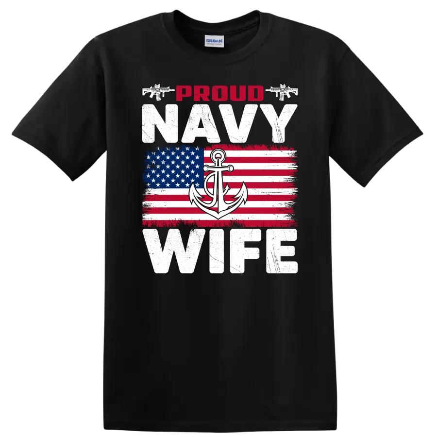 Navy Wife Proud Anchor American Flag T Shirt for Military Supportive Tee