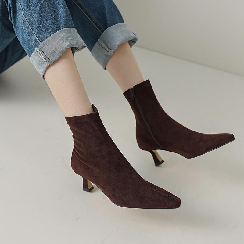 Короткие заостренные сапоги женские ботильоны на каблуке-кошке босоножки на осень и зиму на низком каблуке высокие каблуки европейские товары маленький каблук кофейные носки сапоги тонкие ботильоны