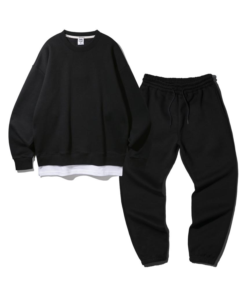 ALVINCLO [Set] Layered Oversized Fleece-Lined Sweatshirt And Plain Jogger Training Pants Set