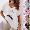 2023 Летняя футболка больших размеров для женщин с V-образным вырезом и принтом перьев из хлопка и льна, повседневная футболка с рукавами «летучая мышь»