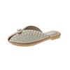 Женские богемные жемчужные тапочки, сандалии на плоской подошве, летняя обувь с открытым носком, хрустальные шлепанцы, оптом