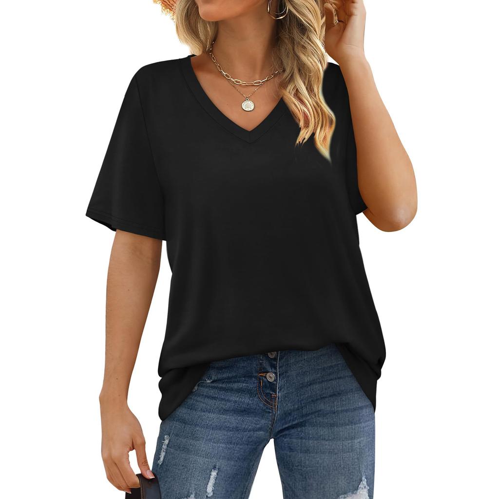 Женская футболка с v-образным вырезом и коротким рукавом, однотонная повседневная свободная футболка, топ