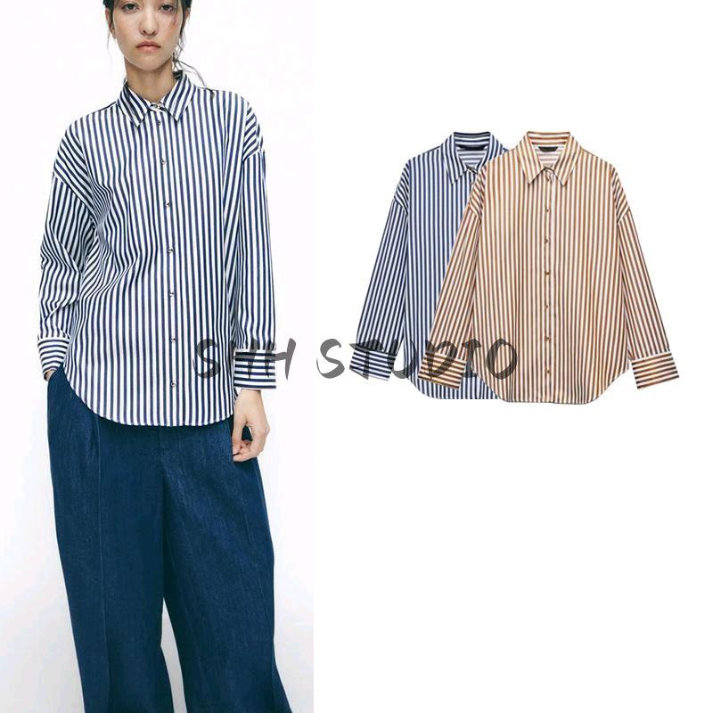 Spring New Women Clothes Commuting Casual Fashion Stripe Long Sleeve Lapel Shirts 2225814 2225815