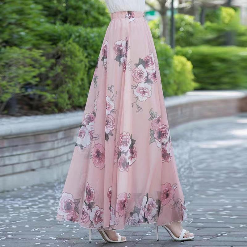 WTEMPO Эластичные большие распашные юбки с высокой талией, женские весенне-летние длинные длинные юбки трапециевидной формы с цветочным принтом, шифоновые юбки для танцев для мамы