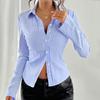 Женская рубашка весна осень поло воротник синяя полоска пуговица длинный рукав рабочая одежда офисная леди повседневная облегающая кардиган блузка короткие рубашки