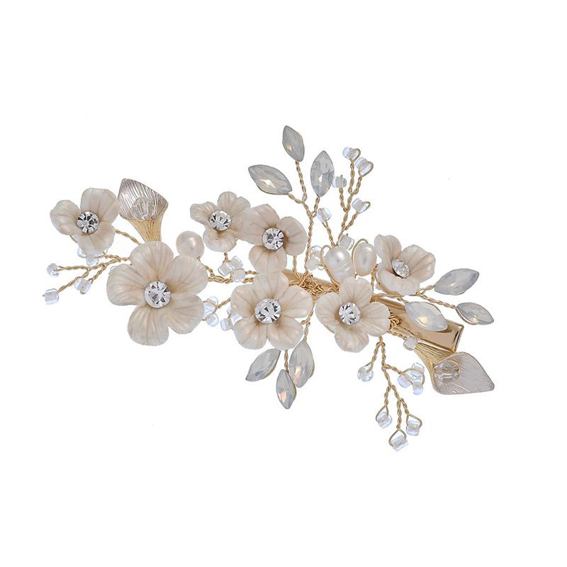 Handmade Ceramic Flower Rhinestone Bridal Hair Clip Women's Wedding Headpiece Bobby Pin Jewelry Alloy Material