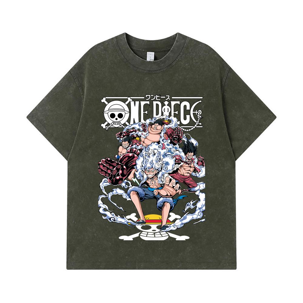 Стирка 275 г/м² Футболки 100% Хлопок One Piece V30 Принт Луффи Gears Унисекс Тяжелая Хлопковая Футболка