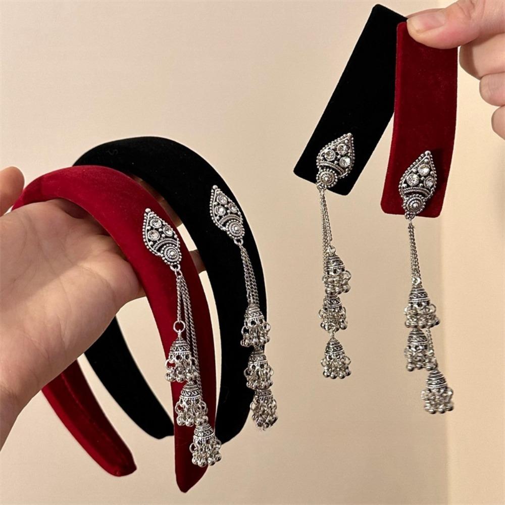 Retro Ethnic Style Hair Hoop Velvet Pendant Hair Clip Head Wear Tassel Bell Hair Band  Headwear