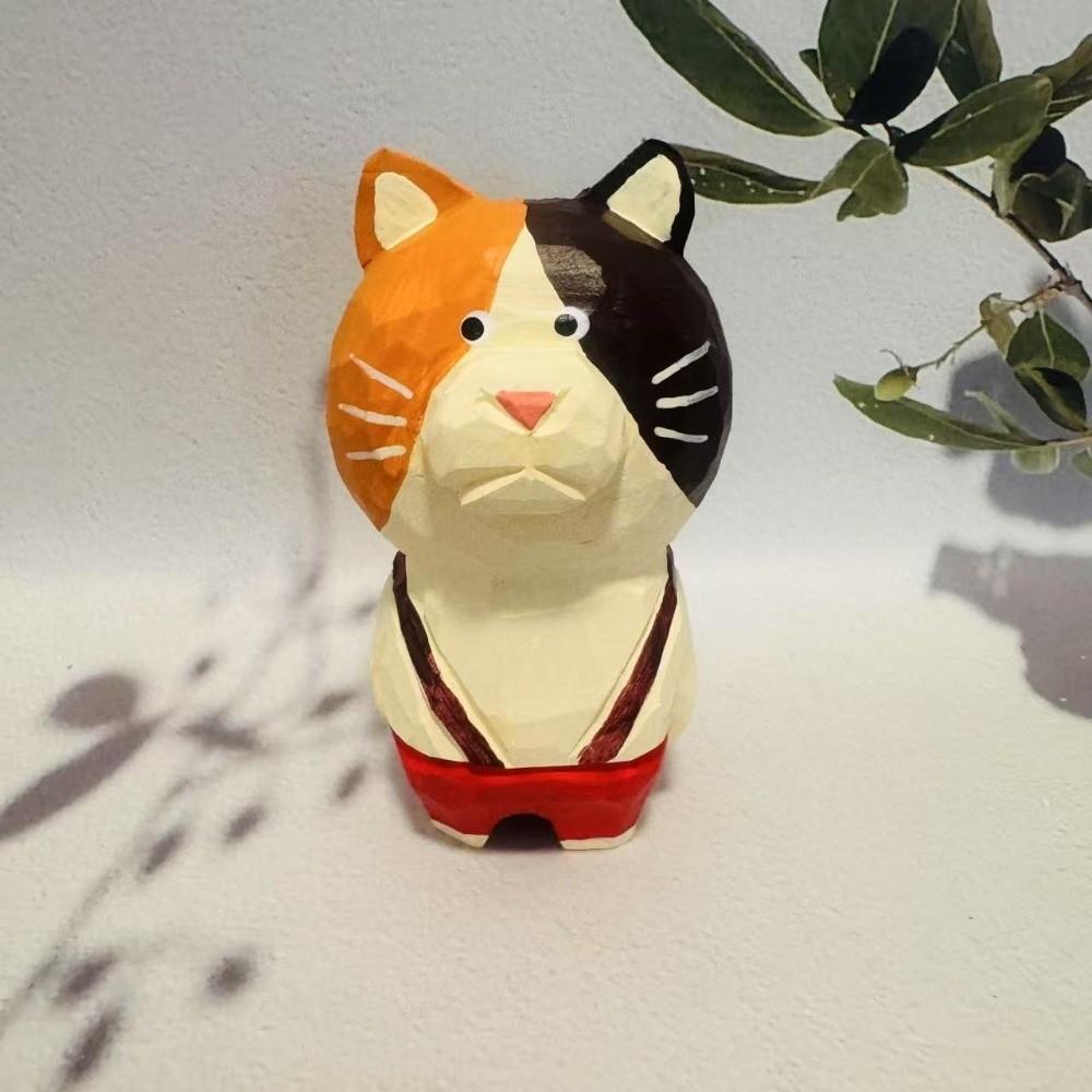 Handmade Wood Carving Cat Ornament Cartoon Cat Figurines Painted Cat Sculpture  Home Decoration
