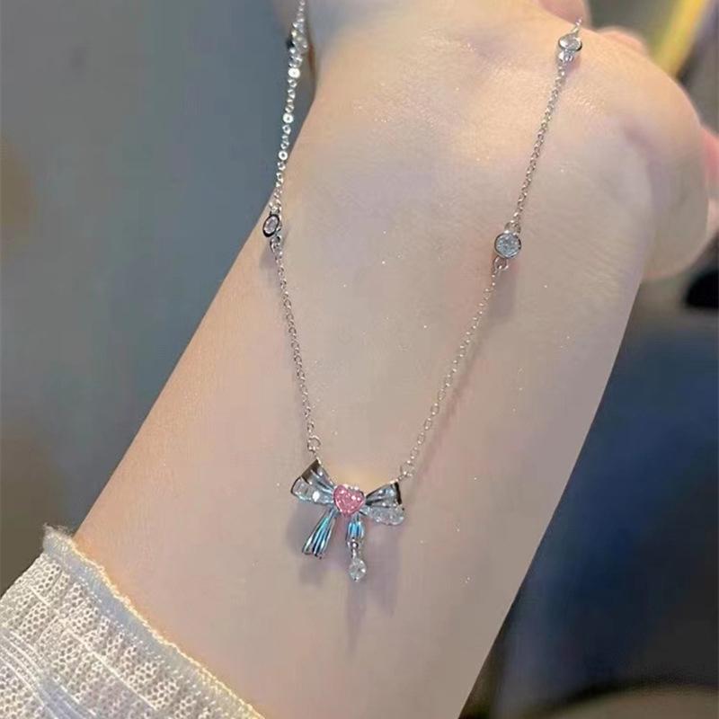 Серебряный цвет бант розовое сердце циркон ключичная цепочка с подвеской милые ожерелья для женщин винтажные ювелирные изделия подарок на вечеринку