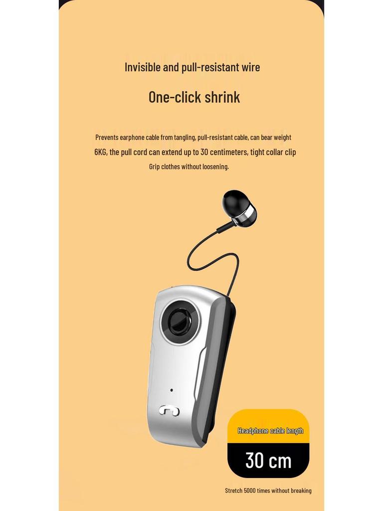 Clip-On Bluetooth Headset with Digital Display, Stereo Sound, Long Battery Life, and Retractable Cable
