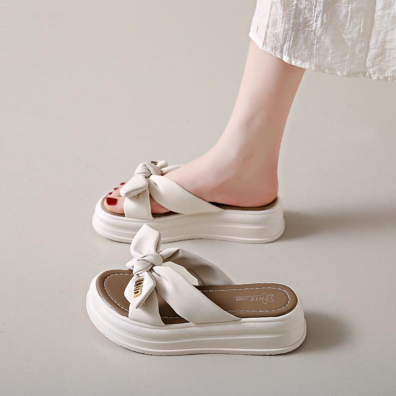 Женские милые тапочки с бантом, летние уличные нарядные с открытым носком, повседневные сандалии на толстой подошве для девочек, сандалии на платформе, большие размеры