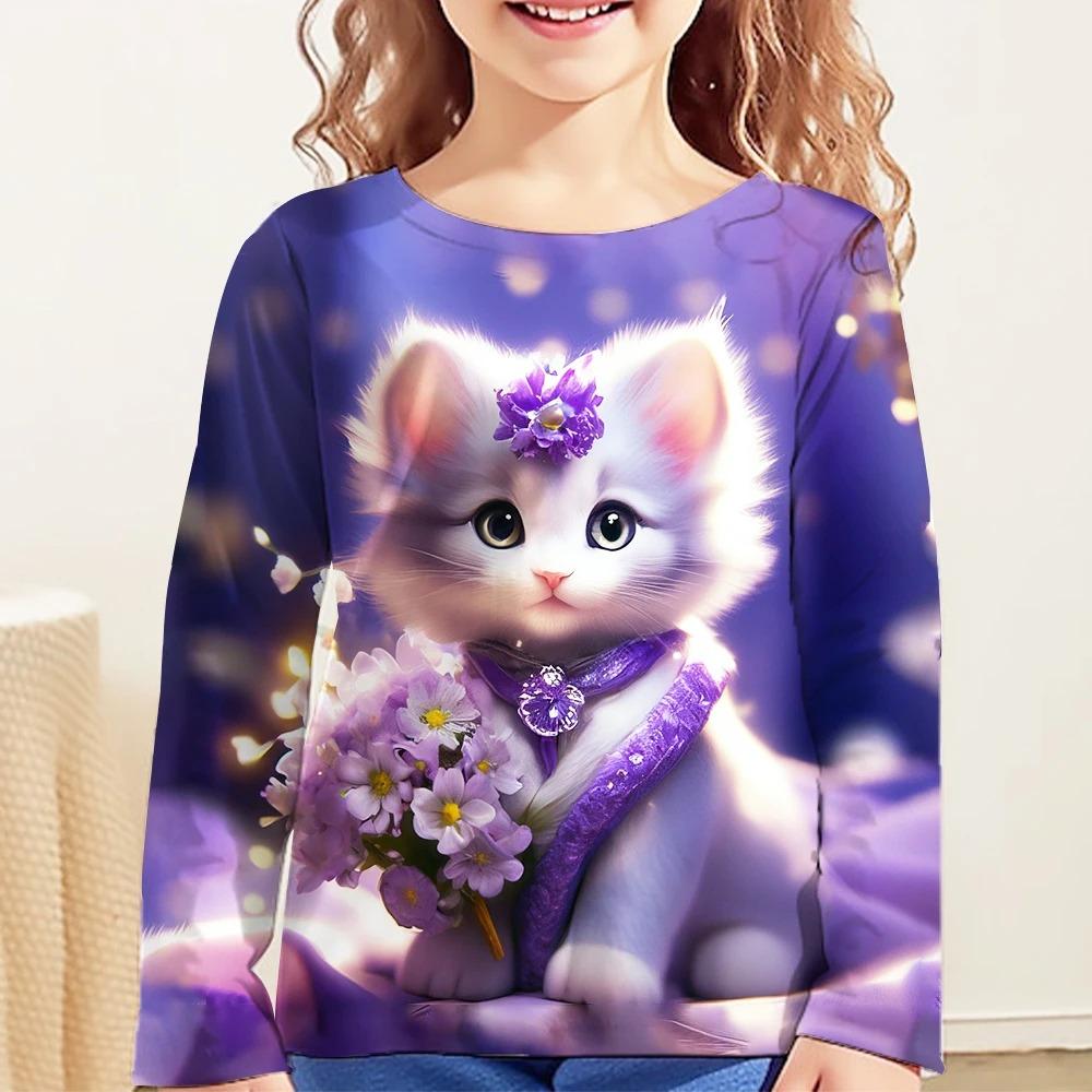 Children's Cute Cat 3D Digital Printed Girl Fashion Trend Round Neck Long Sleeved T-shirt