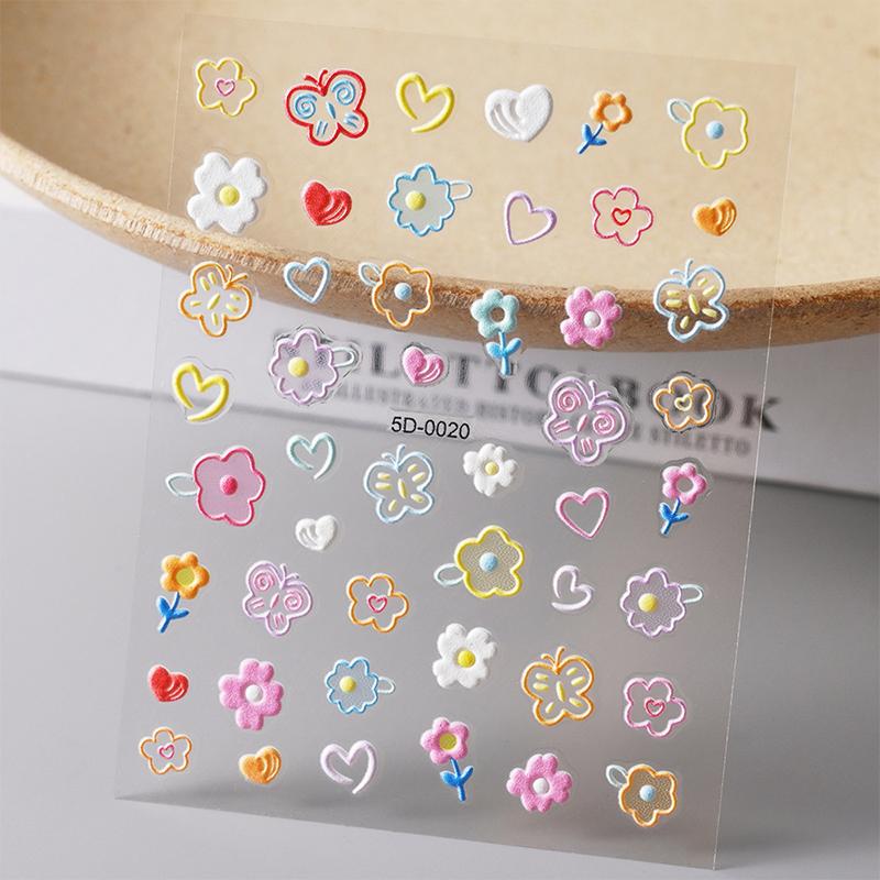 Dopamine Colored Relief Nail Stickers Cartoon Line Flower Pink Sweet Style Cute Nail Sticker Nail Art Diy Decoration