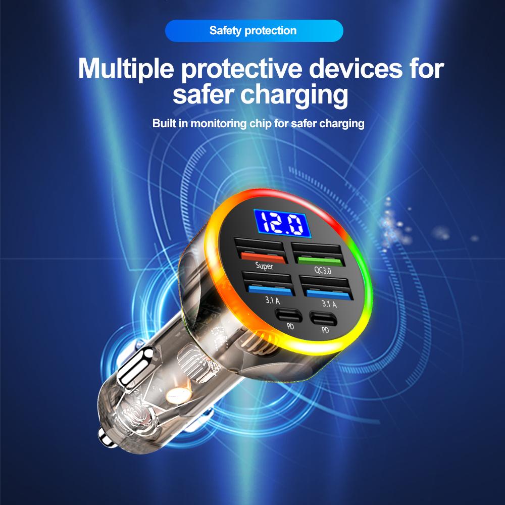 Автомобильное зарядное устройство 200 Вт QC3.0 Type-C Quick Charge Прозрачный чехол PD для iPhone 15 14 13 12 Xiaomi Poco Samsung Быстрая зарядка