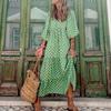 Bohemian Floral Print Dress Women V Neck A-line Maxi Beach Dress with Puff Sleeves Casual Loose Printed High Waist