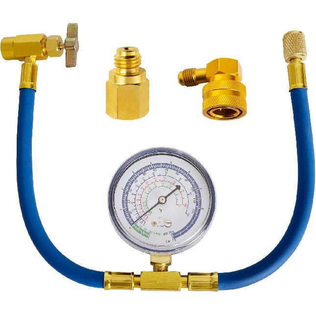 Belleone R134A Refrigerant Recharge Kit, AC Recharge Hose Kit With Gauge, R134A Freon Can Tap Recharging Hose With Detachable R134A Quick Coupler For