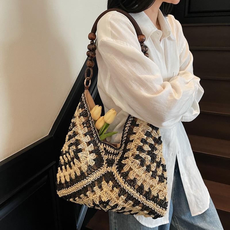Woven Tote Bag For Women Summer Beach Fashion Large Capacity With Color Blocked Bead Decoration