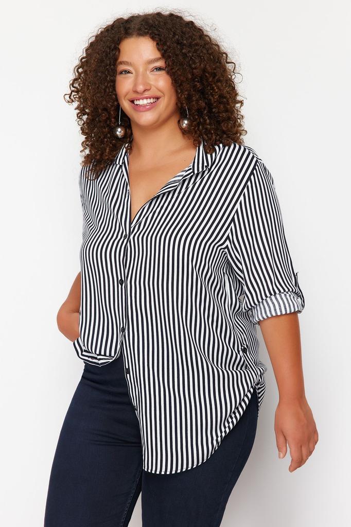 Women's Style Plus Size Black-White Striped Shirt