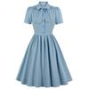 Women Vintage 50s Swing Dress Bow Neck Button Front Short Sleeve Skater Midi Classy Party Wear Work Daily Formal Special Occasion Outfit Spring Summer