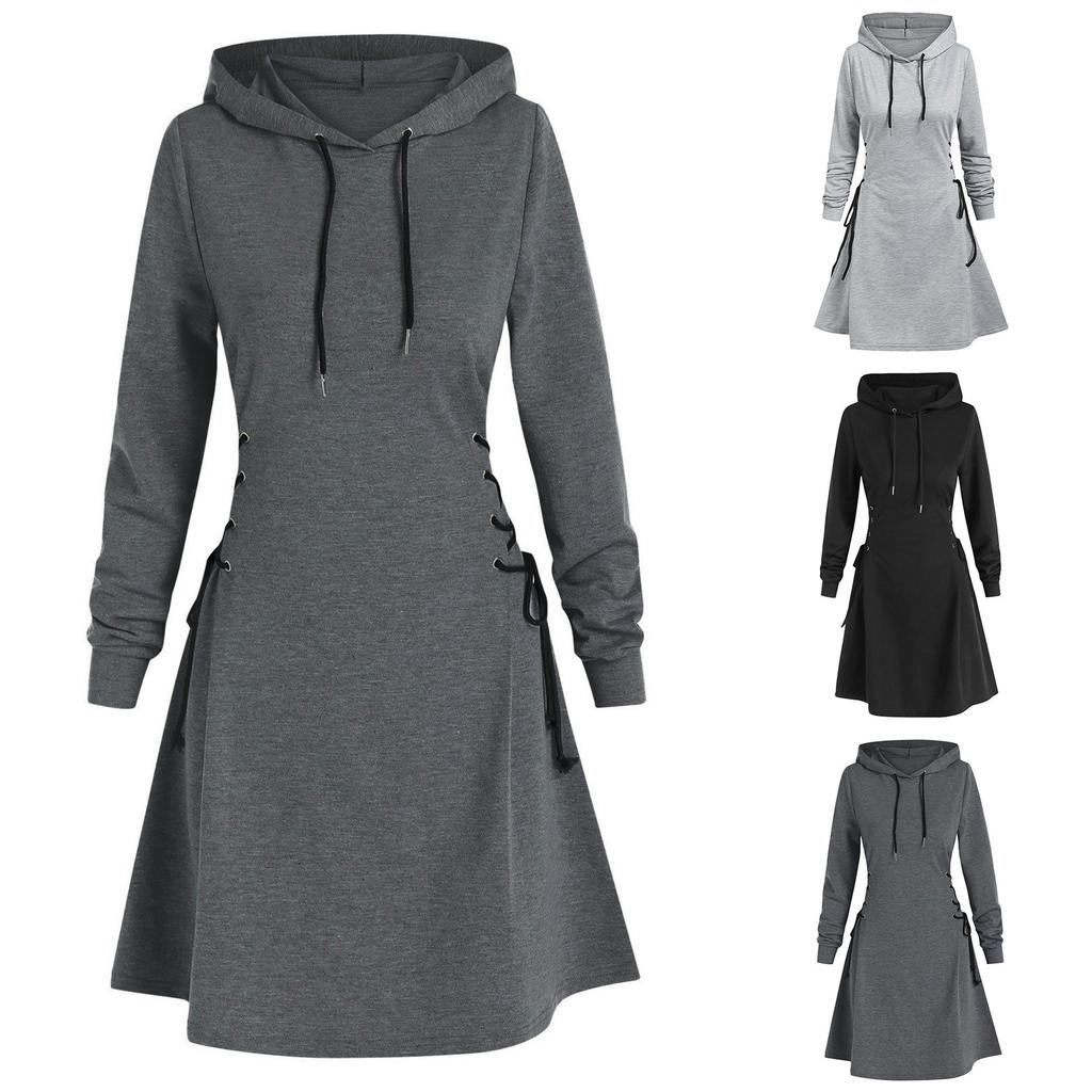Women's Hooded Casual Fashion Hoodie Dress Long Sleeved Solid Color Dress