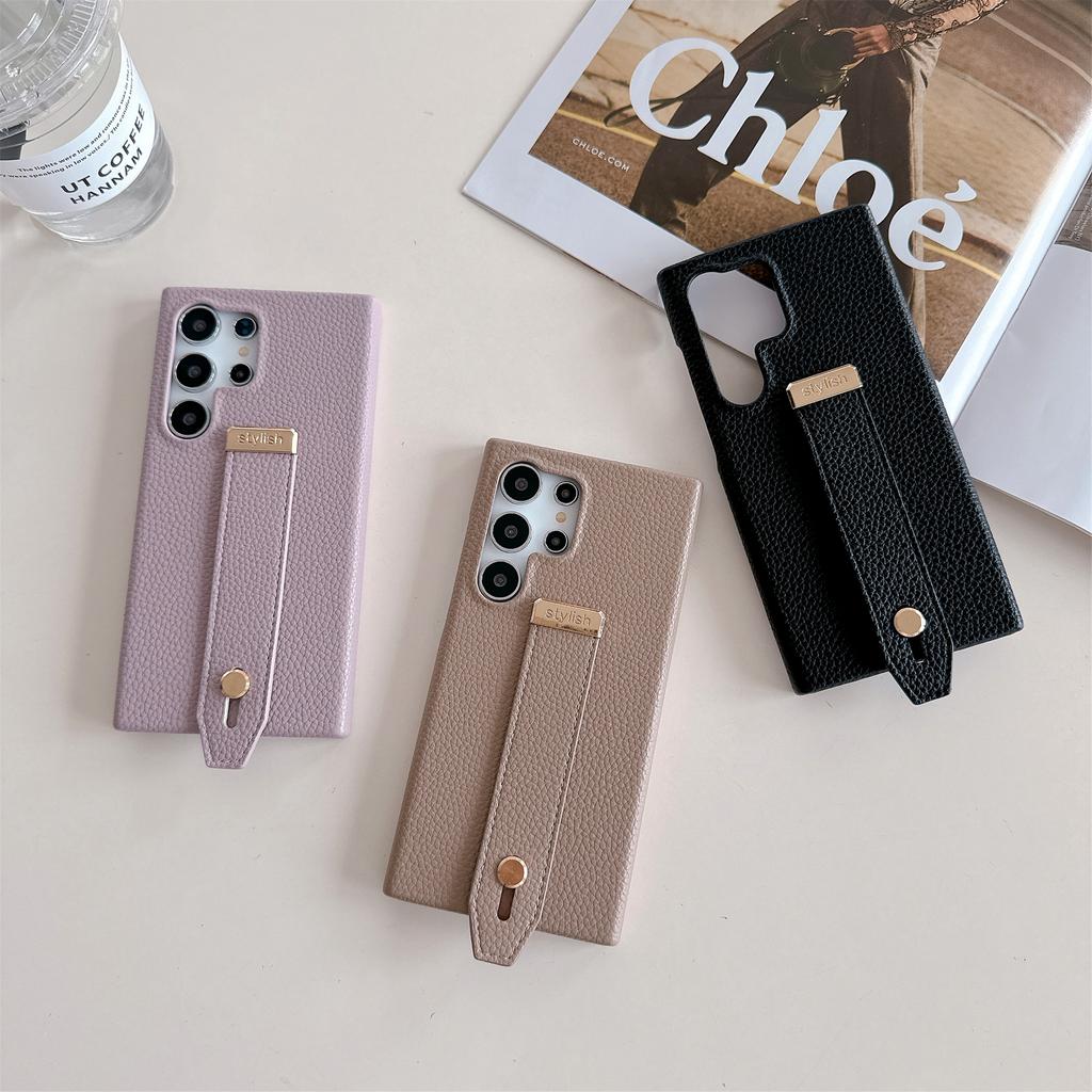 Stylish Wrist Strap Bracket Phone Case for Samsung Galaxy S25 Ultra S24 S23 S22 Plus FE Solid Color High-end PU Leather Cover