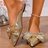 Fashion Gold Silver Bowtie Flat Sandals for Women Shiny Pu Leather Pointed Toe Office Shoes Plus Size Summer Comfort Non Slip Slippers