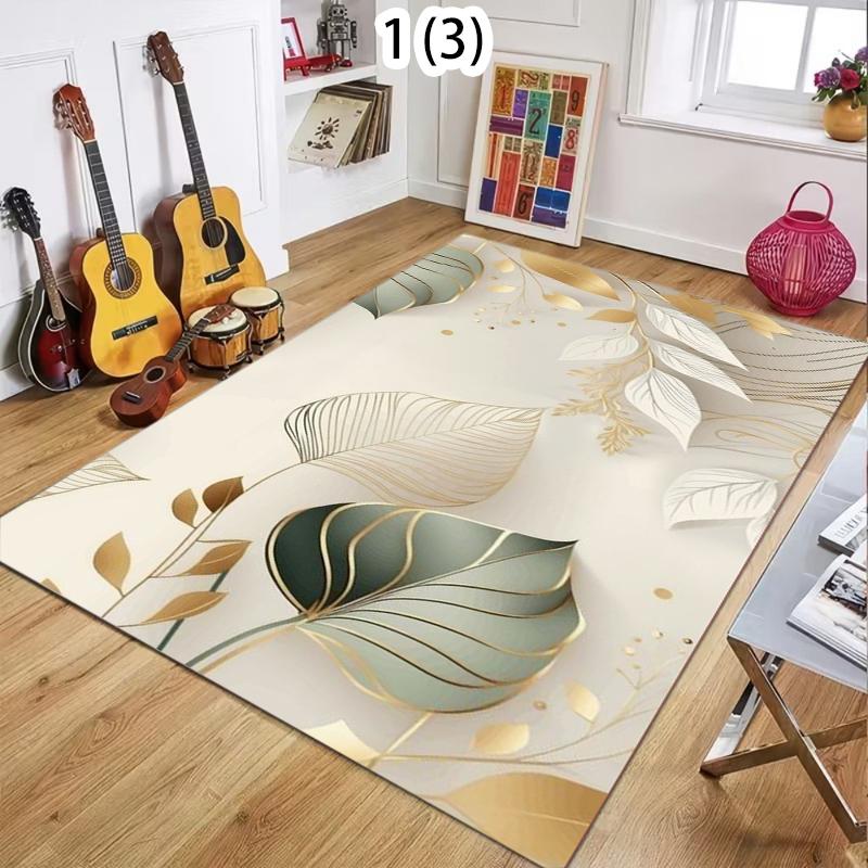 Elegant Watercolor Green Leaf Gold Foil Line Art Non-Slip Area Rug Washable Floor Carpet for Living Room Bedroom Home Decoration