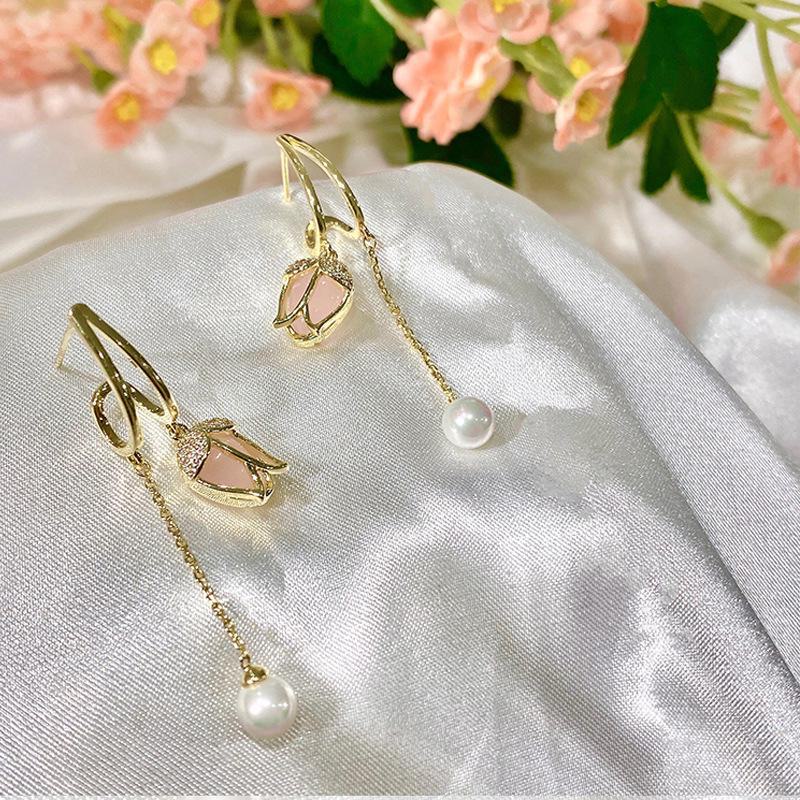 Серьги-кисточки с жемчугом «Розовый тюльпан» для женщин — элегантный, универсальный, сказочный дизайн