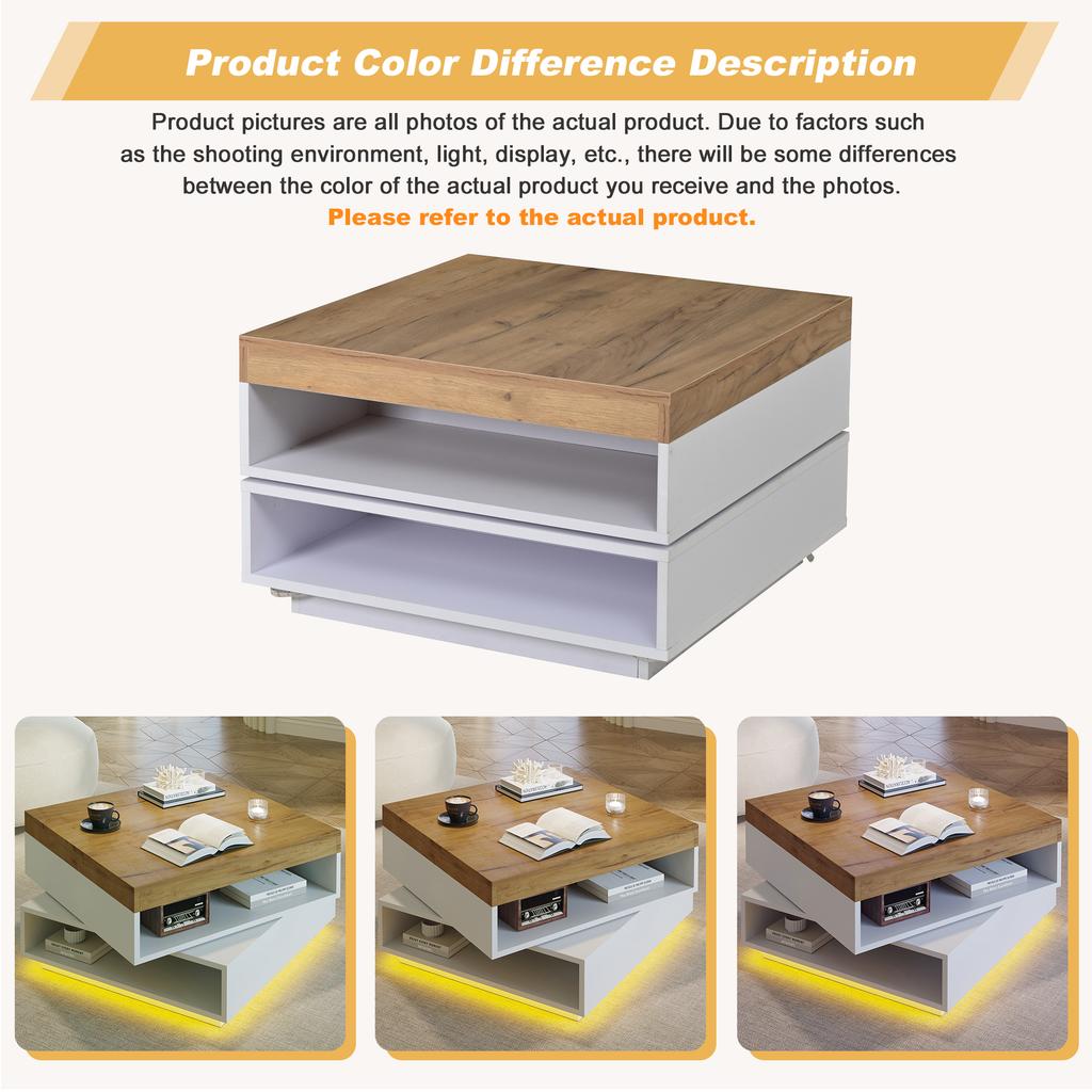 65*65*40cm Coffee Table, Square 360 degrees Swivel, with LED Lights and Open Storage Area, Living Room Table, Sofa Table, for Small Rooms