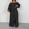 2 Piece Outfit for Women Off Shoulder Long Sleeve Top High Waisted Wide Leg Pants Set Casual Plus Size Going Out Lounge Set
