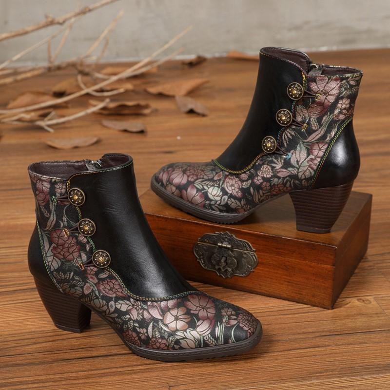 Johnature Винтажные модные женские ботинки из натуральной кожи с цветами, лаконичные современные ботинки ручной работы на высоком каблуке с круглым носком