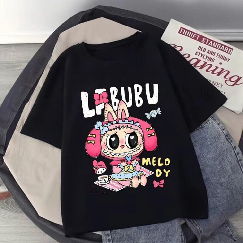 Мультяшная детская футболка с коротким рукавом Labubu, повседневный топ, унисекс, летний, с круглым вырезом, с принтом, одежда для девочек