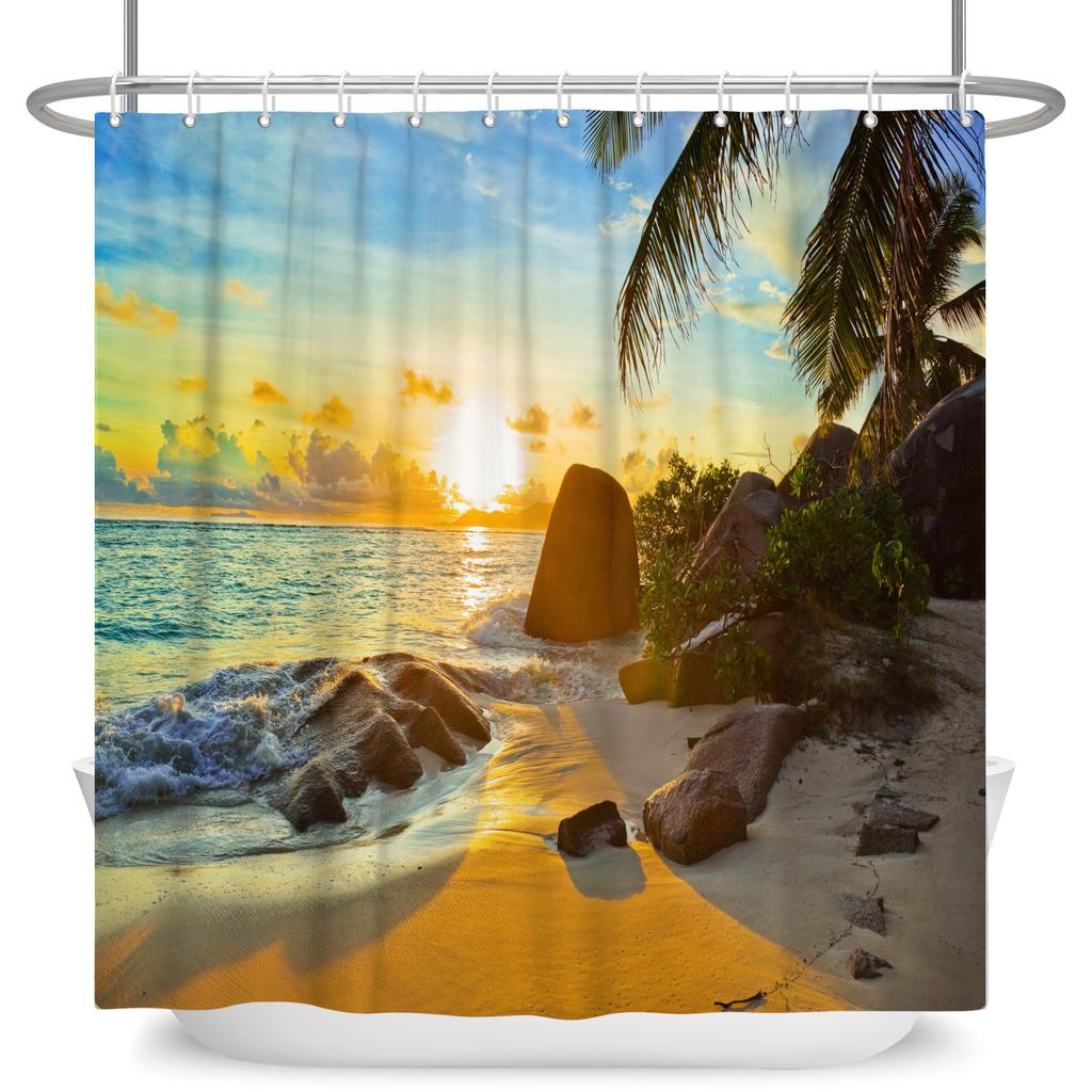 Tropical Starfish Shower Curtain with Hooks Waterproof Polyester Bathroom Curtain Ocean Beach Design Easy Clean Bathtub Curtains