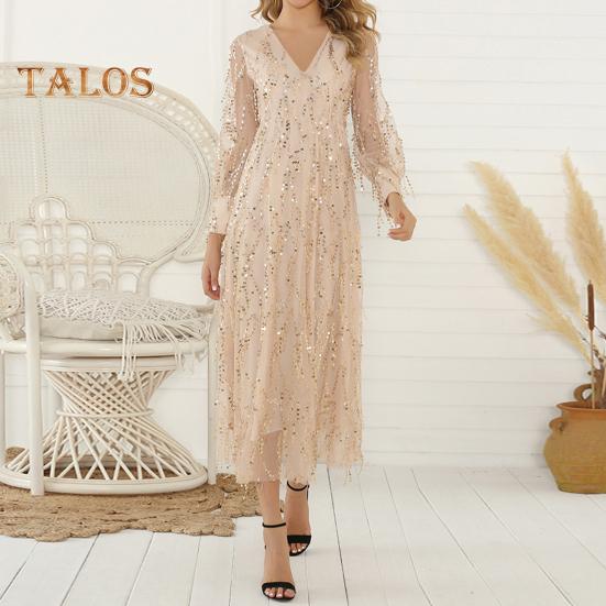 Женское вечернее платье с пайетками, кисточками, V-образным вырезом, длинными рукавами, А-силуэтом, плиссированным двухслойным платьем с тонкой талией и регулируемыми бретелями для свадебного коктейля