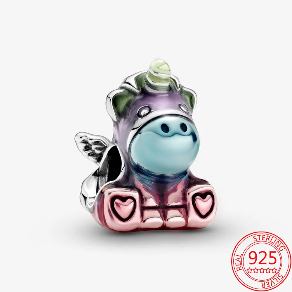 Gorgeous 925 Sterling Silver Black Pink Enamel Heart-shaped Unicorn Charm Fit Fashion Bracelet DIY Gift Jewelry Women