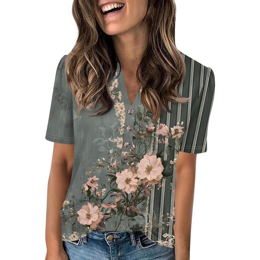 Женский модный повседневный свитер с коротким рукавом и принтом на пуговицах и V-образным вырезом