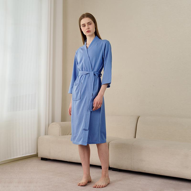 Spring-Summer Waffle Bathrobe: Unisex, Lightweight, 3/4 Sleeves, Korean Style, Absorbent