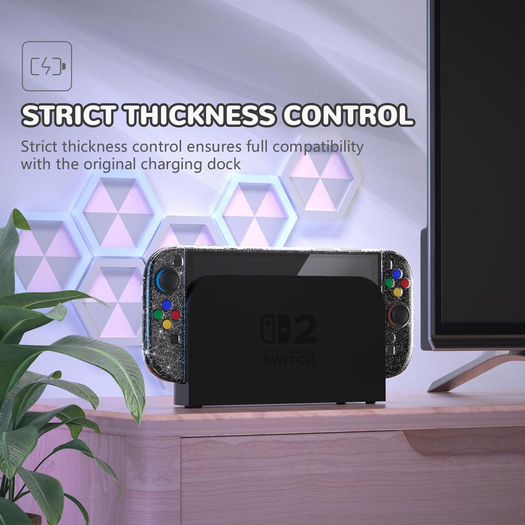 PlayVital Clear Series Clear Hard Shell Case for Switch 2 Dock Protective Cover with Folding Stand and Thumb Grips Glitter (2025), Compatible,