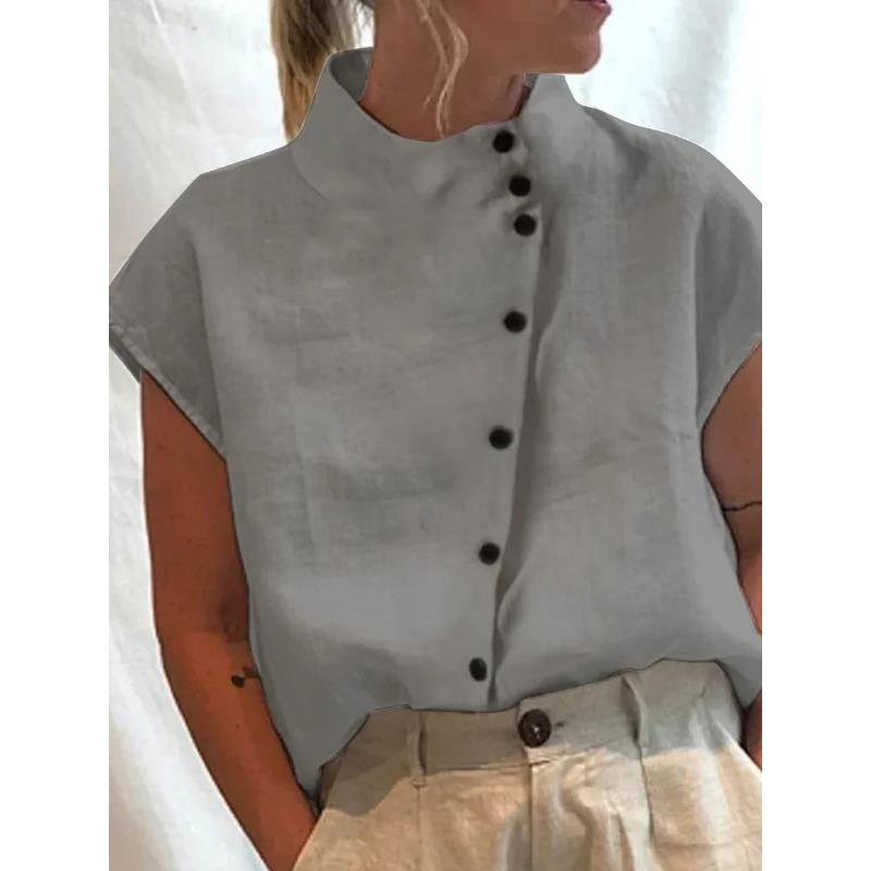 Women's Fashion Casual Summer Spring Solid Color Print Short Sleeve Half Turtleneck Blouses & Shirts