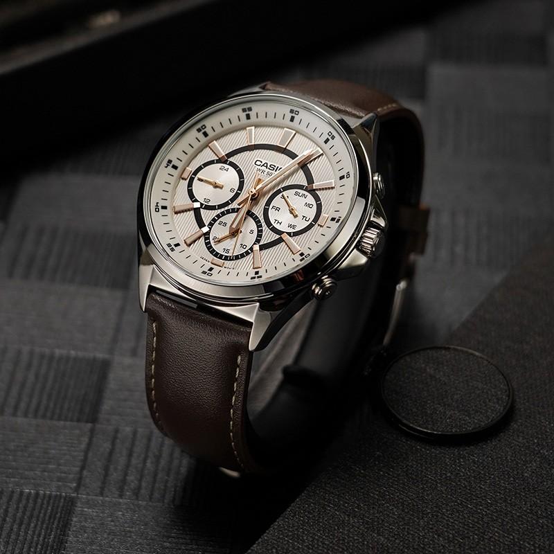 Casio Серия STANDARD Серия DRESS Водонепроницаемые Деловые Кварцевый Механизм Кожаный Ремешок Японские и Корейские Часы Мужские;s Часы Белые MTP-E303L-7AVDF