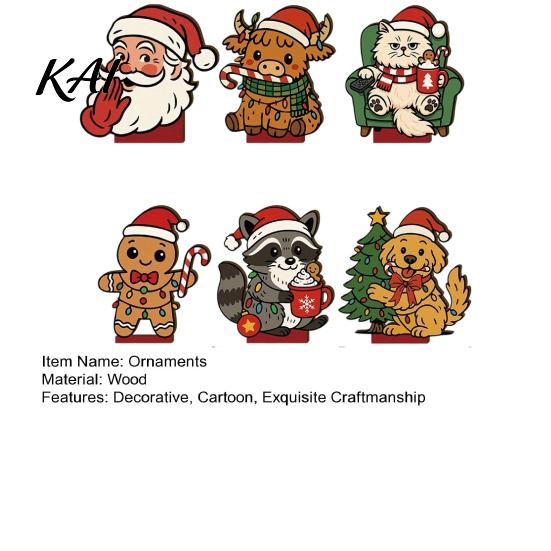 Christmas Tabletop Ornaments 6Pcs Wooden Ornaments, Stable Base Cartoon Animal/Santa Claus/Gingerbread Holiday Decorations Man Decorations, Cute Table