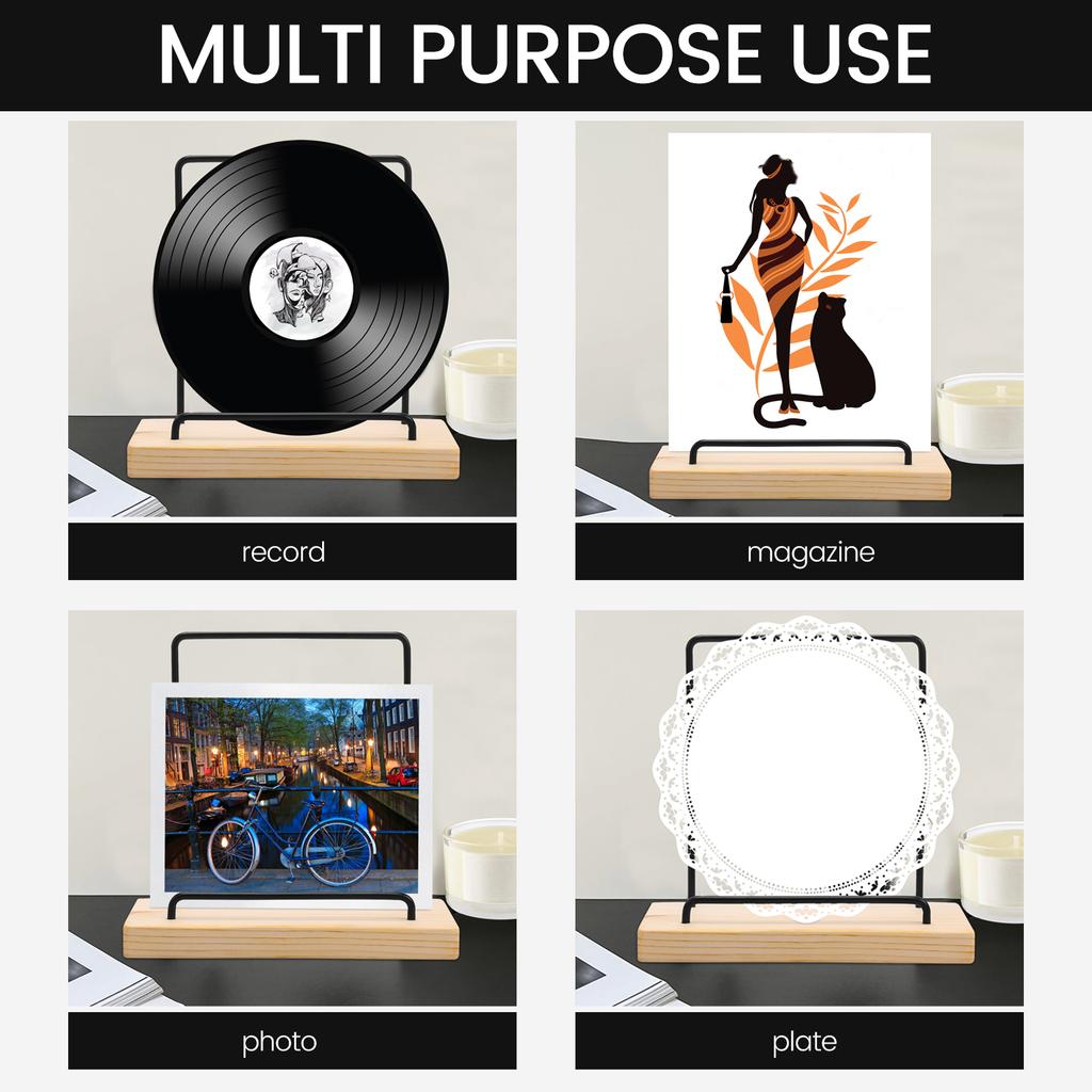 2Pcs Wood Base Vinyl Record Display Stand With Metal Back Support Stable Vinyl Record Holder Easy To Assemble for Household