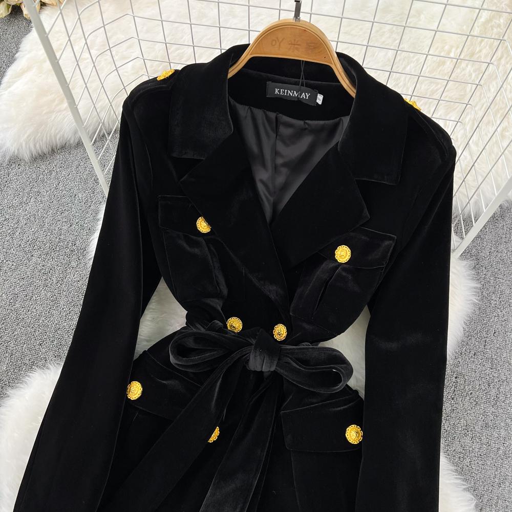 Осенне-зимний черный бархатный пиджак в стиле Хепберн, женский двубортный пиджак с надрезом, верхняя одежда