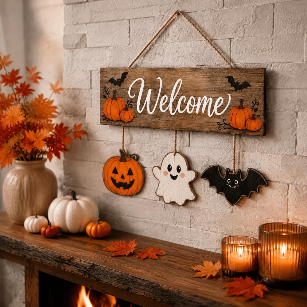 Vintage Pumpkin Ghost Bat Wood Plaque Wear-Resistant Halloween Wall Door Hanging Front Door