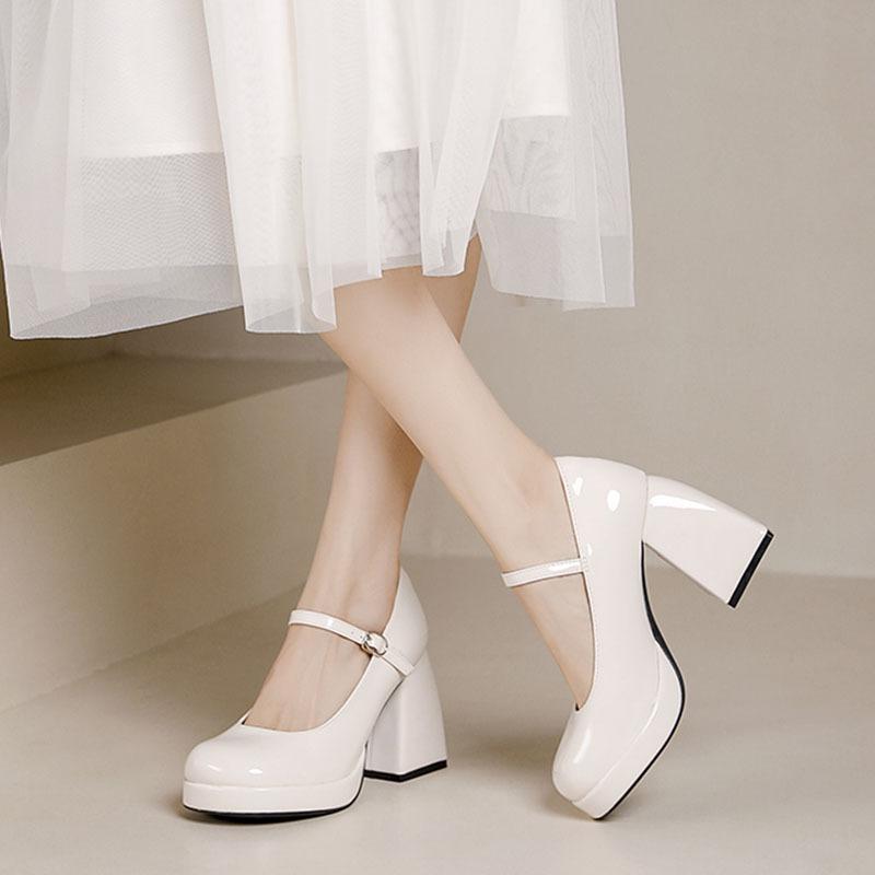 2025 новые весенне-осенние черные туфли Мэри Джейн из маленькой кожи, водонепроницаемые, с ремешком-пряжкой, на высоком каблуке, женские туфли на толстом каблуке