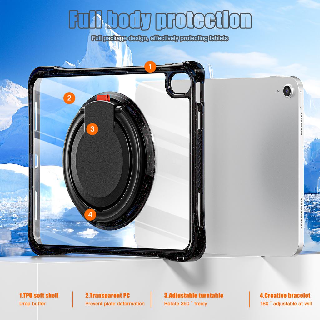 For iPad (2025)/10.9 (2022) Case Rotating Handle Grip TPU+PC Clear Tablet Cover