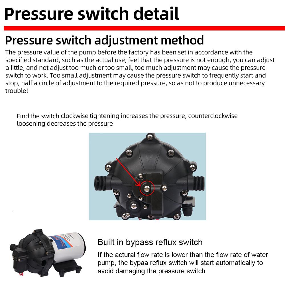 12V Water Pressure Diaphragm Pump 5 Chamber Self Priming Pump 5.5GPM Water Transfer Pump 70PSI with Water Strainer Hose