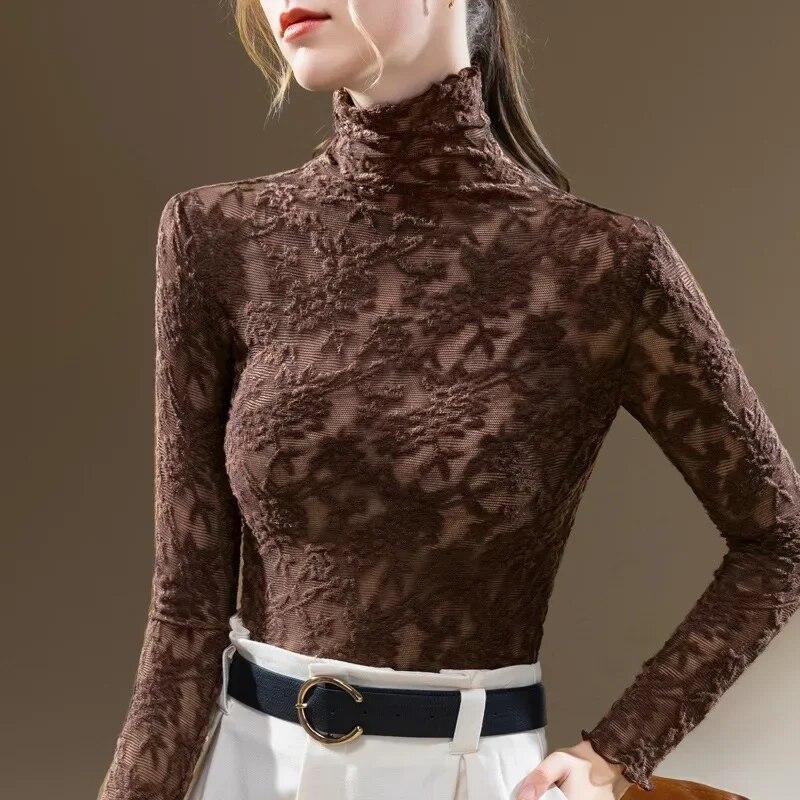 Long Sleeve Crocheted Simple Lace Shirt Women Fashion Turtleneck Woman Blouse Ladies Elegant Female Slim Fit Tops 30272